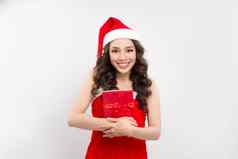 快乐漂亮的女人红色的衣服圣诞老人老人他持有礼物盒子孤立的白色背景