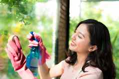 微笑年轻的亚洲女人家庭主妇洗窗口