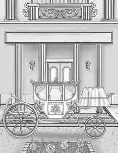 古董高贵的马车停前面房子入口无色行画美丽的马车停车大厦着色书页面