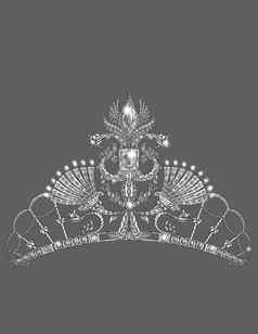 美丽的贵族皇冠复杂的设计无色行画华丽的高贵的头饰精心制作的珠宝模式着色书页面