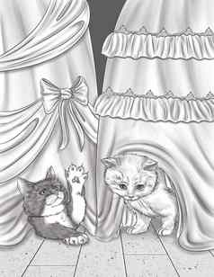 小猫玩隐藏聚会，派对衣服无色行画驯养的猫戏剧礼服着色书页面