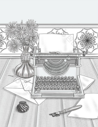 古董打字机表格前花瓶纸信封墨水瓶无色行画打字机桌子上笔记喷泉笔着色书页面