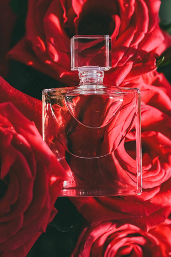 花香味香水红色的玫瑰香水奢侈品礼物美平铺背景化妆品产品