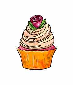 插图彩色的画糖果粉红色的蛋糕黄褐色奶油装饰花前白色孤立的背景
