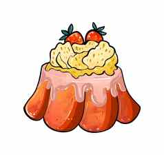 插图彩色的画糖果红色的棕色（的）蛋糕布丁下毛毛雨奶油装饰片菠萝草莓白色孤立的背景