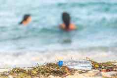 关闭图像空塑料水瓶脏海滩填满海藻垃圾浪费脏桑迪海滩人海背景