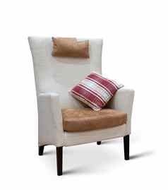现代高米色扶手椅枕头孤立的白色背景工作室拍摄