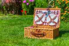 野餐篮子复制空间绿色阳光明媚的草坪上公园
