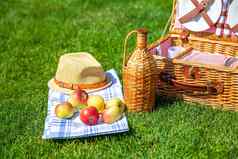 野餐篮子绿色阳光明媚的草坪上公园
