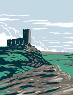城堡废墟高沼地高地区域达特穆尔国家公园位于南部德文郡英格兰艺术德科水渍险海报艺术