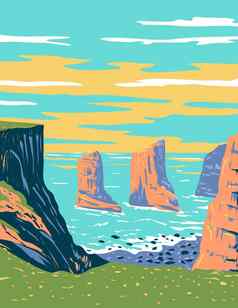 elegug堆栈岩石位于彭布罗克郡海岸国家公园西威尔士艺术德科水渍险海报艺术