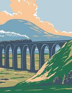 蒸汽火车铁路古怪的莫斯ribblehead高架桥约克郡山谷国家公园英格兰艺术德科水渍险海报艺术