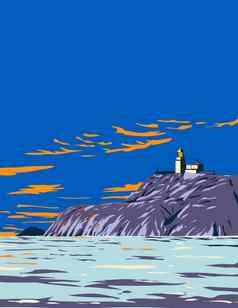 南主教灯塔拉姆齐岛彭布罗克郡海岸国家公园威尔士曼联王国艺术德科水渍险海报艺术