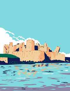 卡尔菲利干酪城堡护城河布雷肯灯塔国家公园南威尔士曼联王国艺术德科水渍险海报艺术