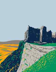 卡雷格cennen城堡废墟位于布雷肯灯塔国家公园威尔士艺术德科水渍险海报艺术