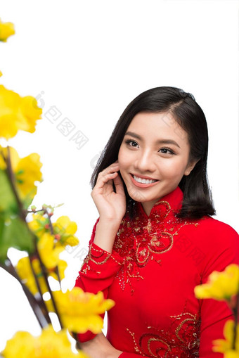 肖像美丽的亚洲女人传统的节日服装戴曼菊持有花五月<strong>树</strong>安德娜无可指责花泰特假期<strong>月球</strong>一年