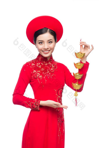 肖像美丽的亚洲女人传统的节<strong>日</strong>服装戴曼菊泰特假期<strong>月球</strong>一年