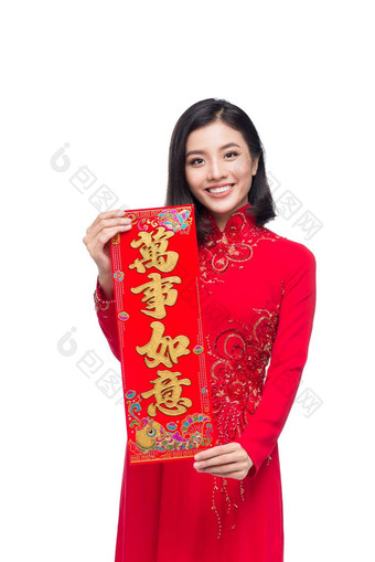肖像美丽的亚洲女人传统的节日服装戴曼菊显示一年卷轴泰特假期月球一年文本幸福丰富的