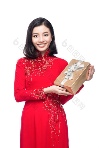 肖像美丽的亚洲女人传统的节<strong>日</strong>服装戴曼菊持有礼物盒子泰特假期<strong>月球</strong>一年