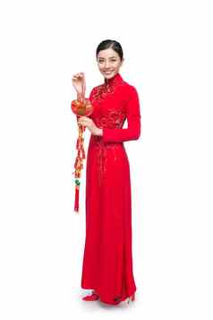 完整的长度美丽的亚洲女人传统的节日服装戴曼菊泰特假期月球一年文本幸运的幸福