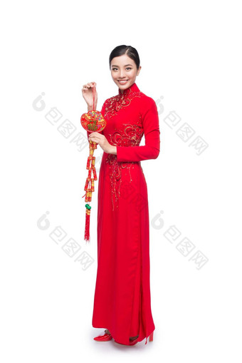 完整的长度美丽的亚洲女人传统的节<strong>日</strong>服装戴曼菊泰特假期<strong>月球</strong>一年文本幸运的幸福
