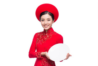 微笑越南女人衣服传统的戴曼菊介绍产品白色背景