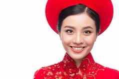 肖像美丽的亚洲女人传统的节日服装戴曼菊泰特假期月球一年