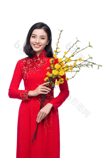 肖像美丽的亚洲女人传统的节<strong>日</strong>服装戴曼菊持有花五月树安德娜无可指责花泰特假期<strong>月球</strong>一年