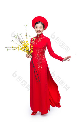 肖像美丽的亚洲女人传统的节日服装戴曼菊持有花五月<strong>树</strong>安德娜无可指责花泰特假期<strong>月球</strong>一年