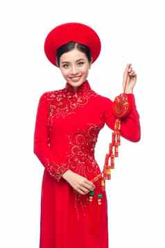 肖像美丽的亚洲女人传统的节日服装戴曼菊泰特假期月球一年文本幸福