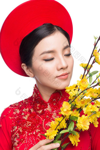 肖像美丽的亚洲女人传统的节<strong>日</strong>服装戴曼菊持有花五月树安德娜无可指责花泰特假期<strong>月球</strong>一年