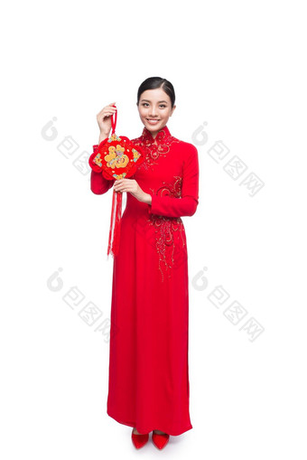 完整的长度美丽的亚洲女人传统的节日服装戴曼菊泰特假期月球一年文本幸运的幸福