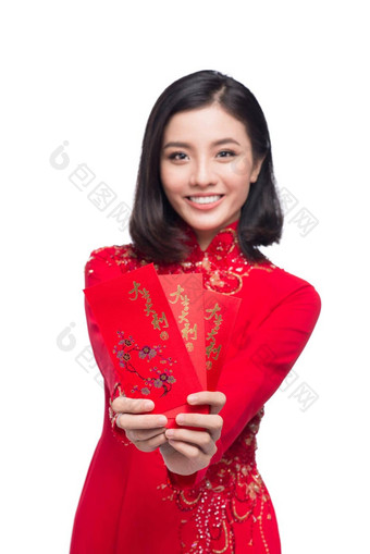 肖像美丽的亚洲女人传统的节<strong>日</strong>服装戴曼菊持有红色的口袋里幸运的钱泰特假期<strong>月球</strong>一年