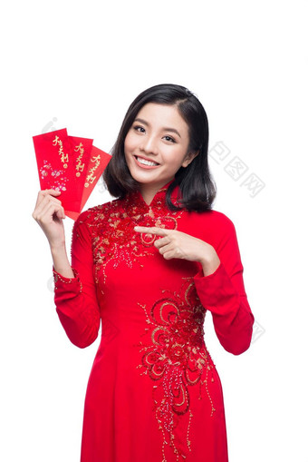 肖像美丽的亚洲女人传统的节日服装戴曼菊持有红色的口袋里幸运的钱泰特假期月球一年