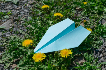 蓝色的纸飞机谎言黄色的花草地面