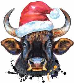 水彩插图黑色的强大的牛圣诞老人他溅