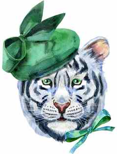 色彩斑斓的白色老虎绿色优雅的他野生动物水彩插图白色背景