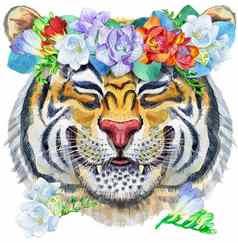 色彩斑斓的橙色微笑老虎花环牡丹野生动物水彩插图白色背景