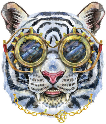 色彩斑斓的白色老虎眼镜蒸汽朋克风格野生动物水彩插图白色背景