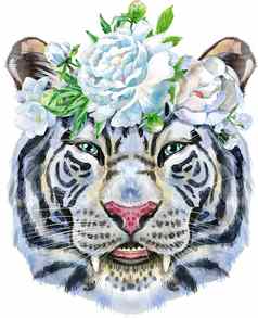 色彩斑斓的白色老虎花环白色花野生动物水彩插图白色背景