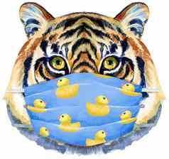 老虎蓝色的保护面具水彩插图孤立的白色背景