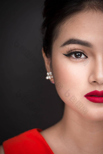 肖像美丽的女人亚洲模型夫人完美的化妆红色的嘴唇