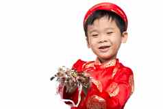 快乐越南男孩红色的戴曼菊庆祝一年五彩纸屑亚洲孩子庆祝一年