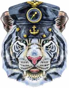 色彩斑斓的白色老虎皮革帽野生动物水彩插图白色背景