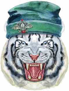 手画老虎无檐小便帽他水彩画白色老虎头蓝色的眼睛