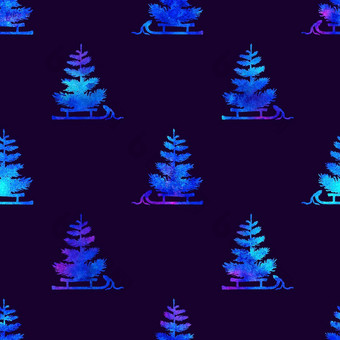 圣诞<strong>节水</strong>彩松树雪橇无缝的模式蓝色的颜色手画冷杉树背景壁纸点缀包装圣诞节礼物