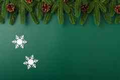 快乐一年圣诞节一天概念前视图平躺冷杉树分支机构装饰