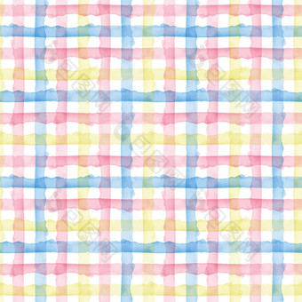 格子水彩摘要黄色的粉红色的蓝色的条纹背景很酷的无缝的检查模式织物纺织纸简单的手画条纹