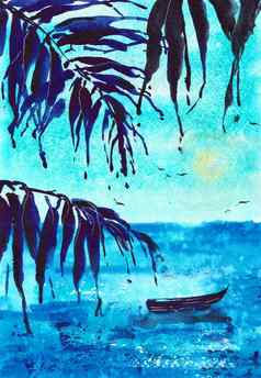 棕榈树水彩插图原始艺术棕榈叶子艺术绘画纸日出海海洋蓝色的颜色壁纸打印背景