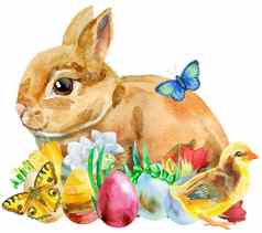 水彩插图米色兔子鸡蛋奇肯